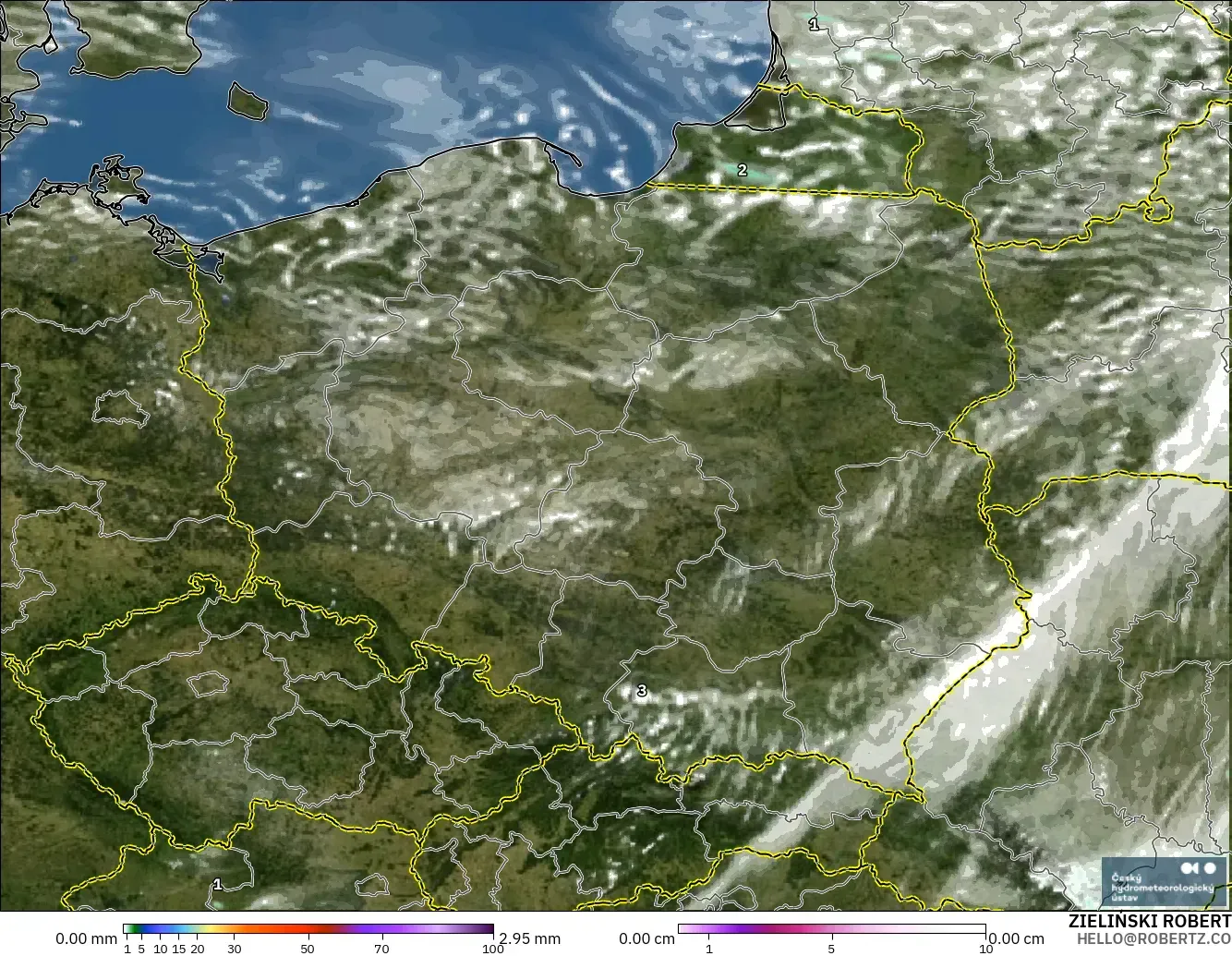 ALADIN CZ 2.3 km modelo - Polonia, Precipitación, nubes y presión