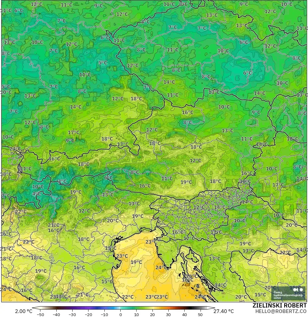 ALADIN CZ 2.3 km modelo - Austria, Punto de rocío a 2 m