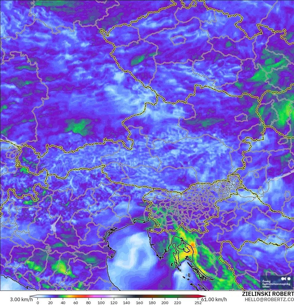 ALADIN CZ 2.3 km modelo - Austria, Ráfagas de viento