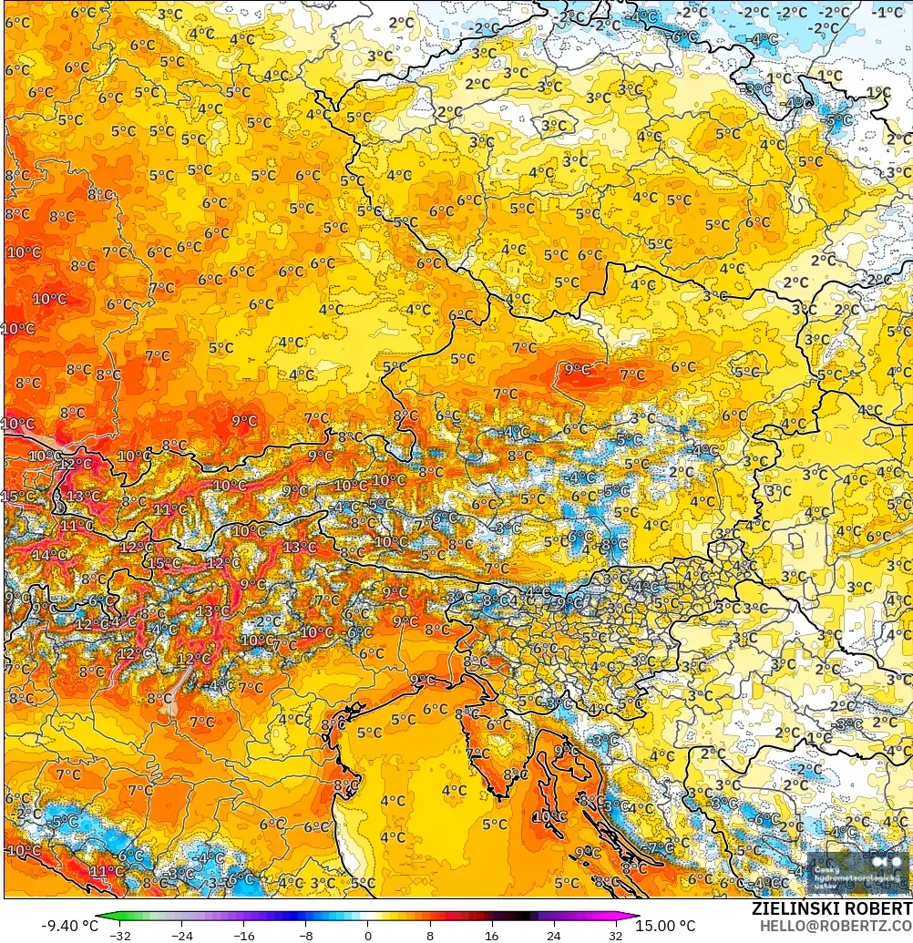 ALADIN CZ 2.3 km modelo - Austria, Anomalía de temperatura a 2 m