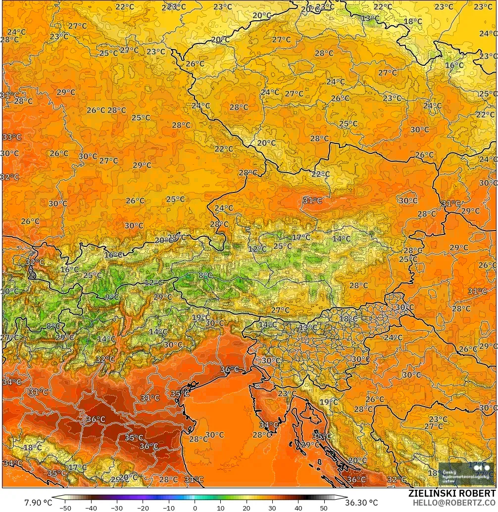 ALADIN CZ 2.3 km modelo - Austria, Temperatura a 2 m