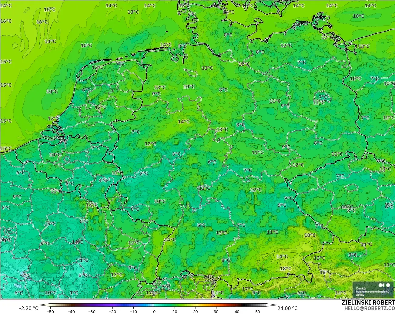 ALADIN CZ 2.3 km modelo - Alemania, Punto de rocío a 2 m
