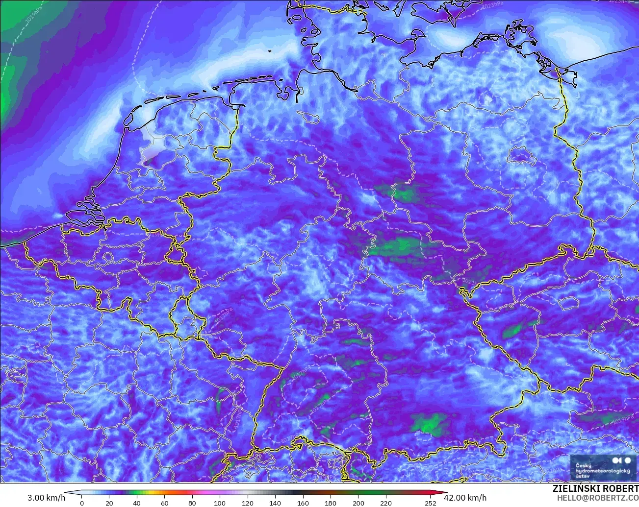 ALADIN CZ 2.3 km modelo - Alemania, Ráfagas de Viento Máximas