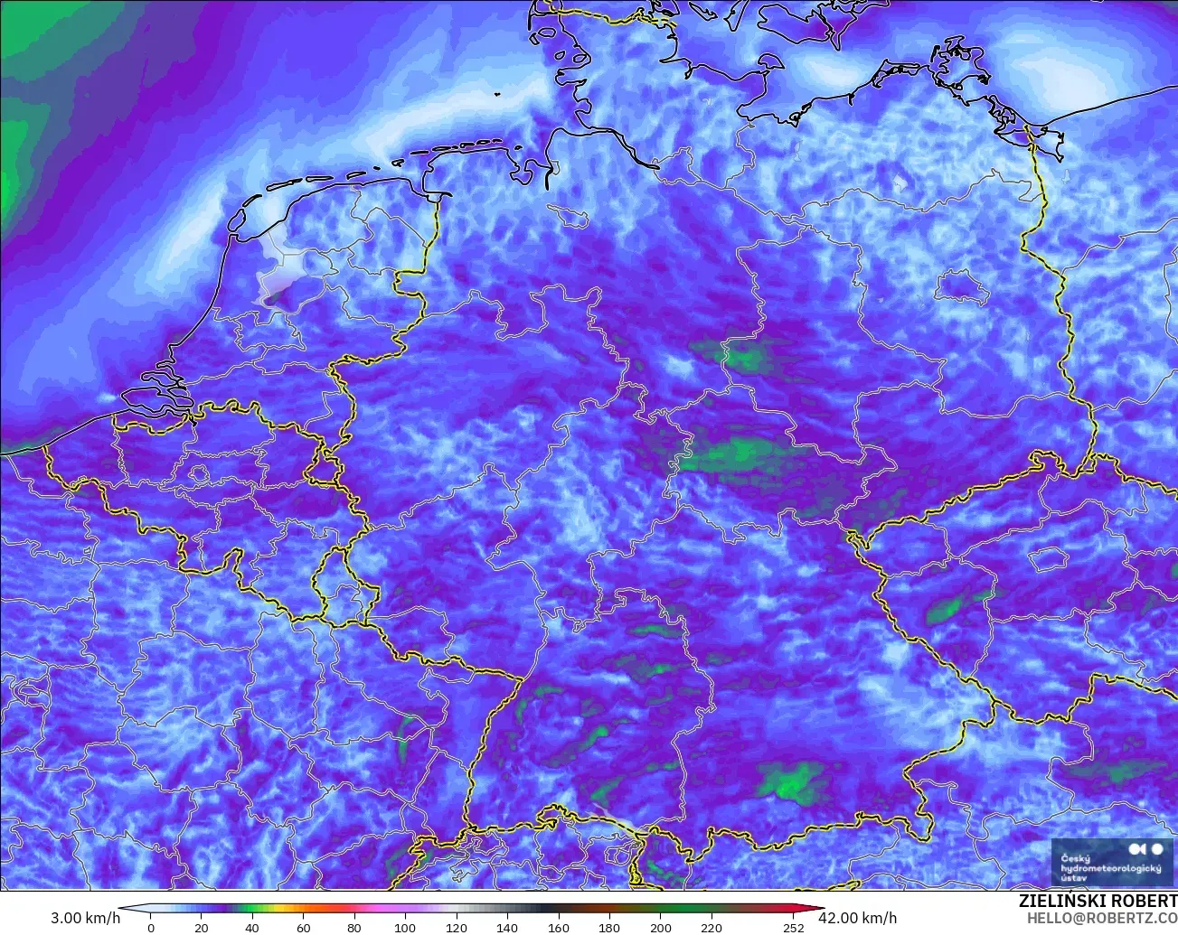 ALADIN CZ 2.3 km modelo - Alemania, Ráfagas de viento
