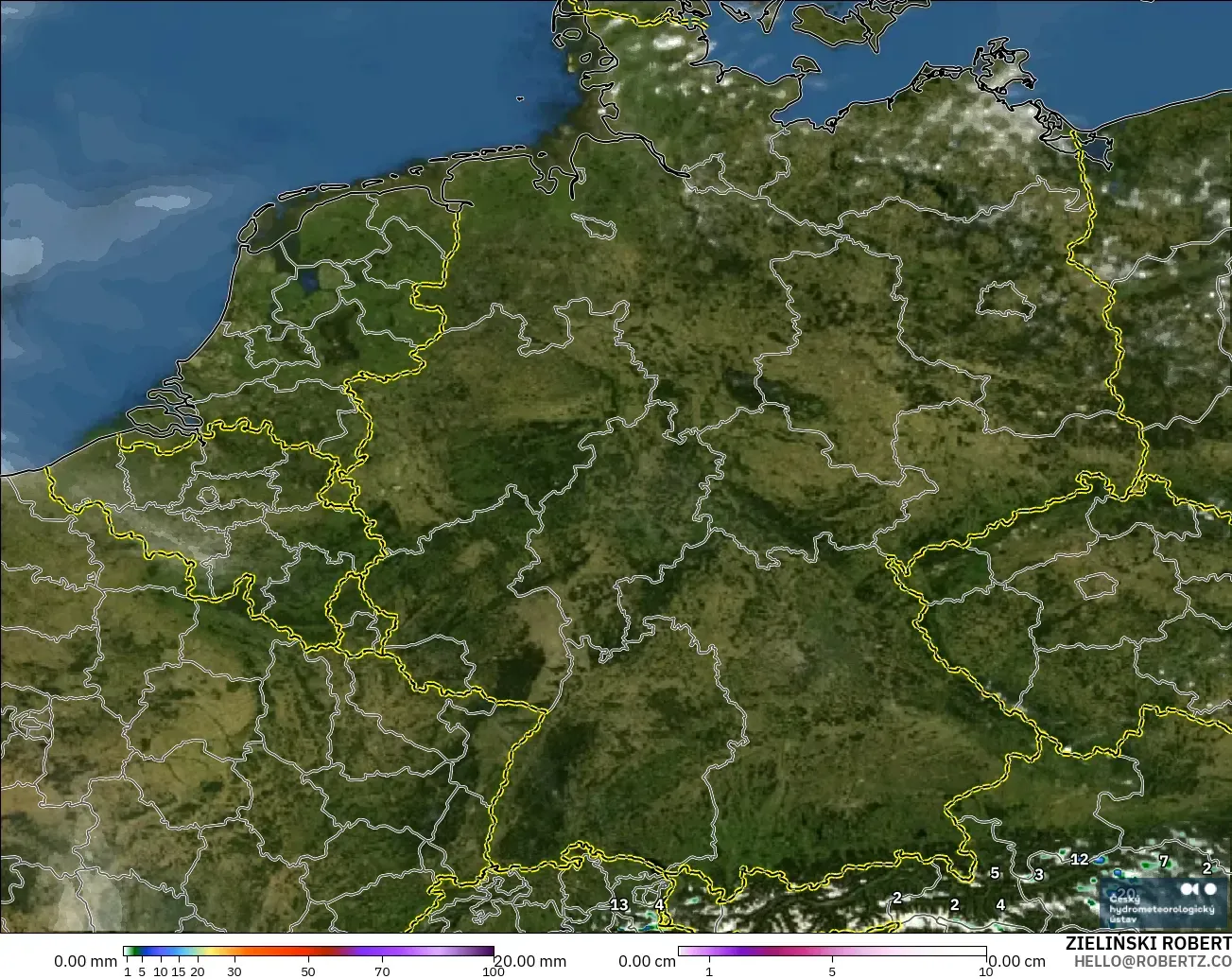 ALADIN CZ 2.3 km modelo - Alemania, Precipitación, nubes y presión