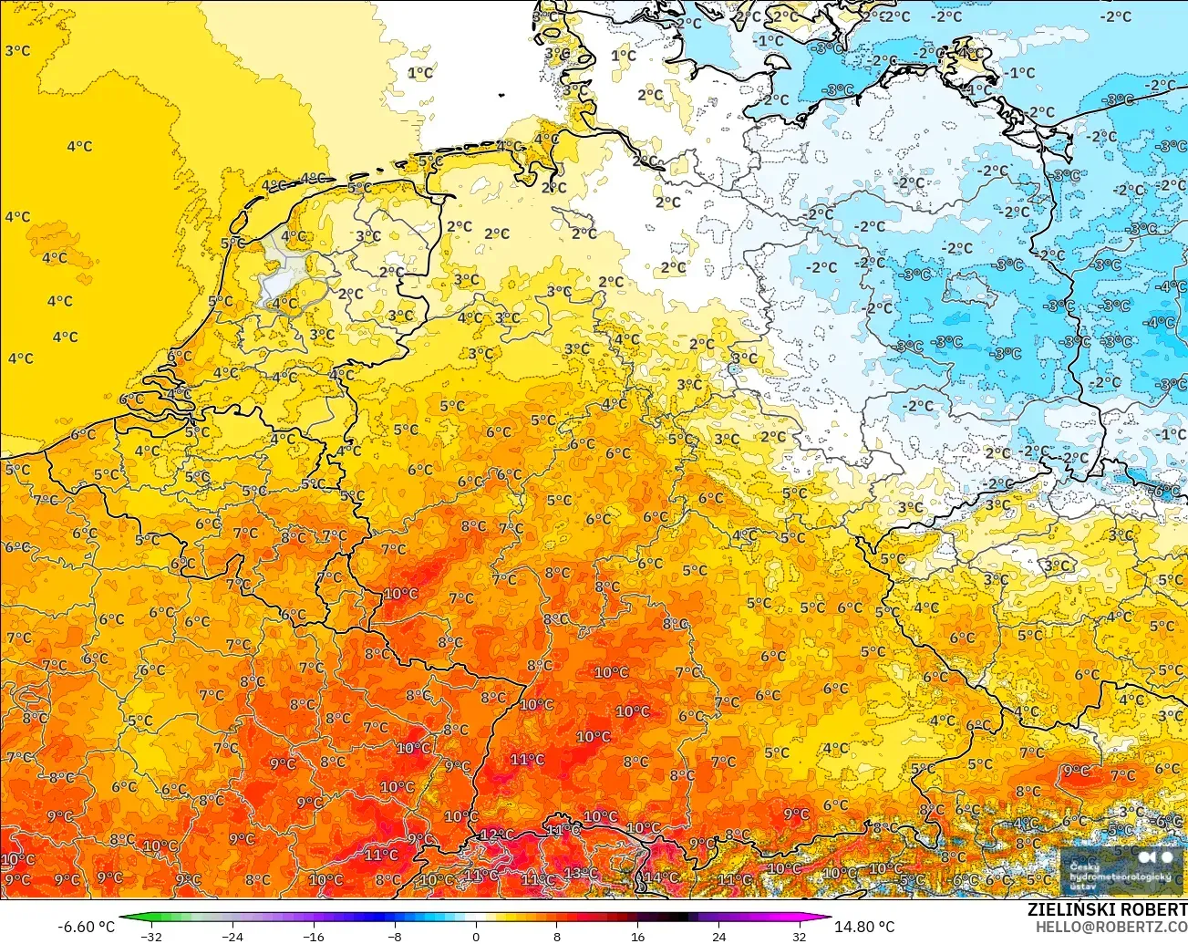 ALADIN CZ 2.3 km modelo - Alemania, Anomalía de temperatura a 2 m