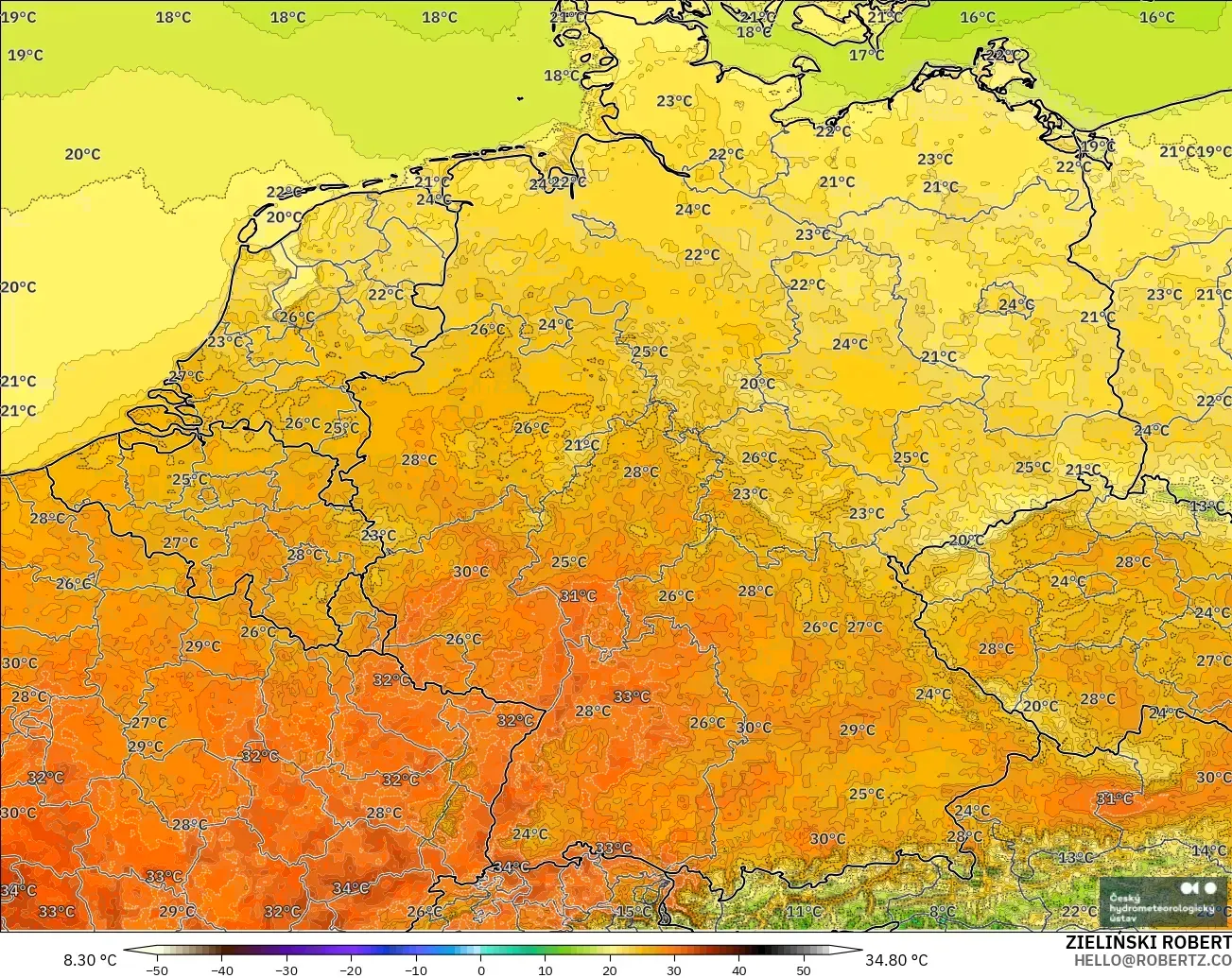 ALADIN CZ 2.3 km modelo - Alemania, Temperatura a 2 m