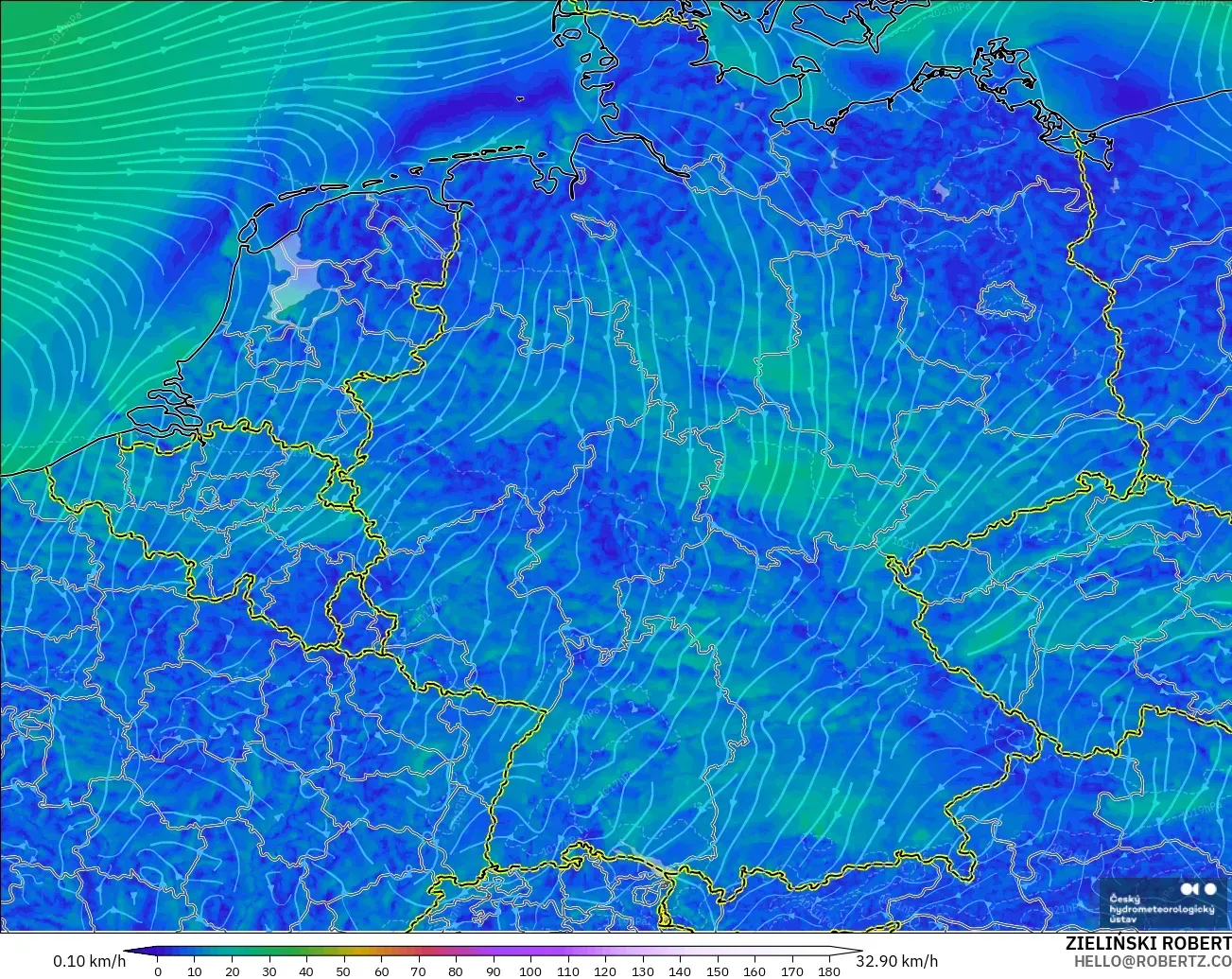 ALADIN CZ 2.3 km modelo - Alemania, Viento a 10 m