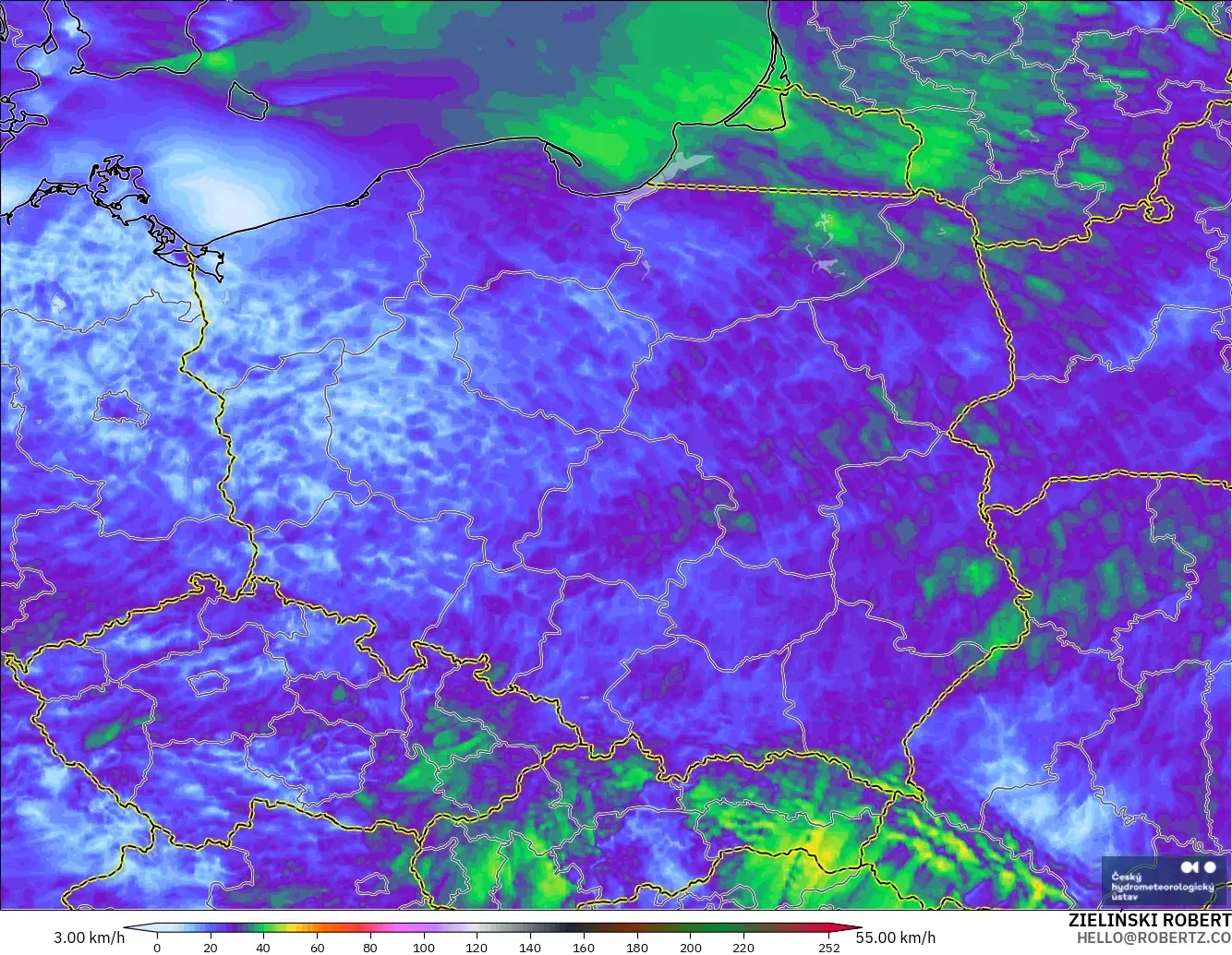 ALADIN CZ 2.3 km modelo - Polonia, Ráfagas de viento