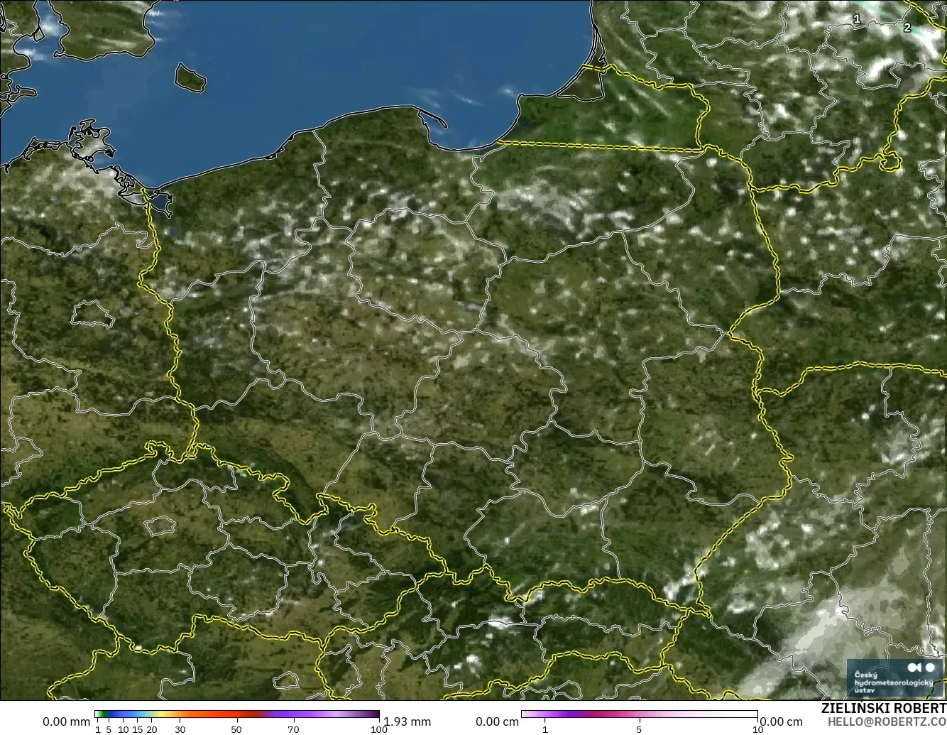 ALADIN CZ 2.3 km modelo - Polonia, Precipitación, nubes y presión