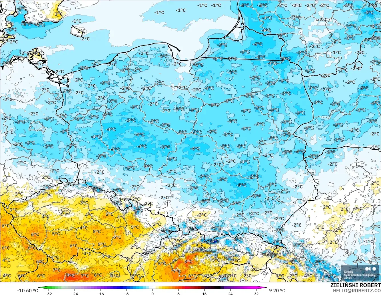 ALADIN CZ 2.3 km modelo - Polonia, Anomalía de temperatura a 2 m