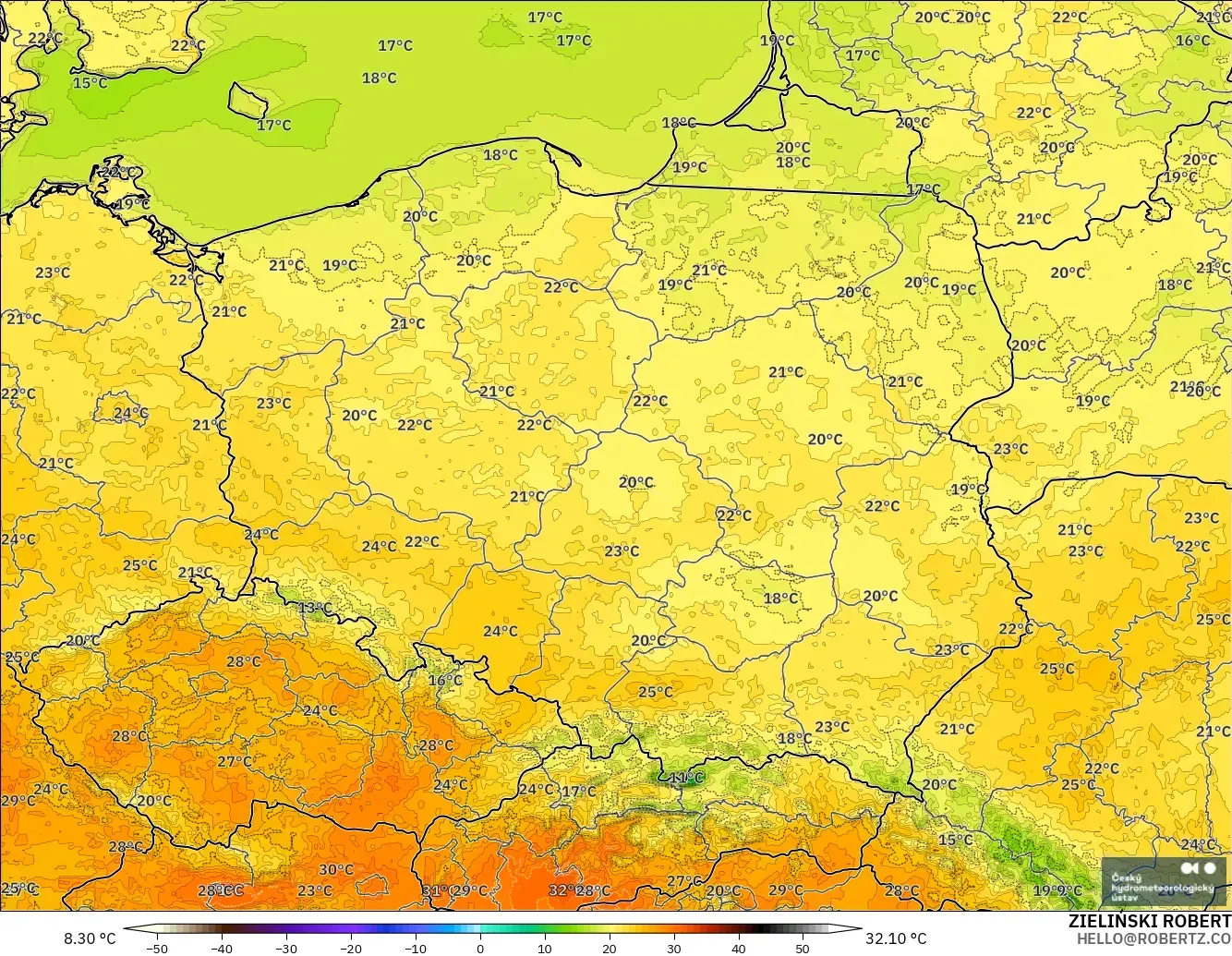 ALADIN CZ 2.3 km modelo - Polonia, Temperatura a 2 m