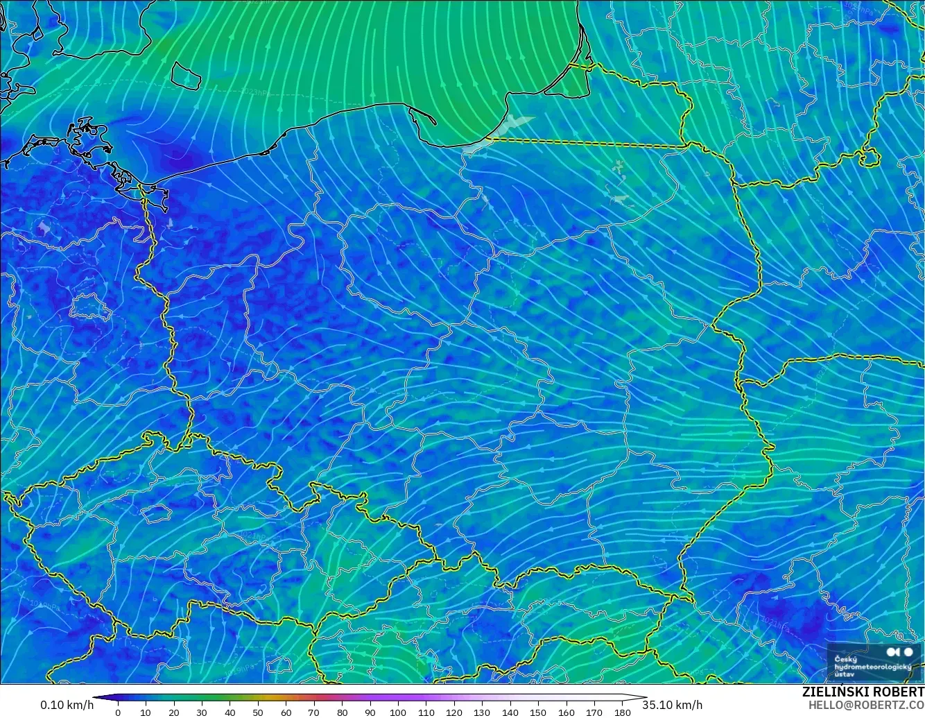 ALADIN CZ 2.3 km modelo - Polonia, Viento a 10 m