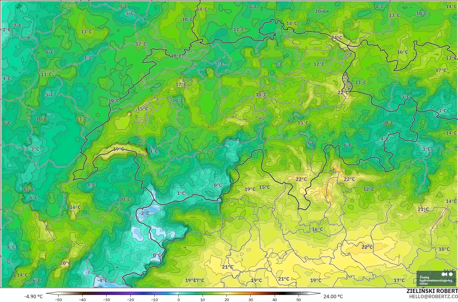 ALADIN CZ 2.3 km modelo - Suiza, Punto de rocío a 2 m