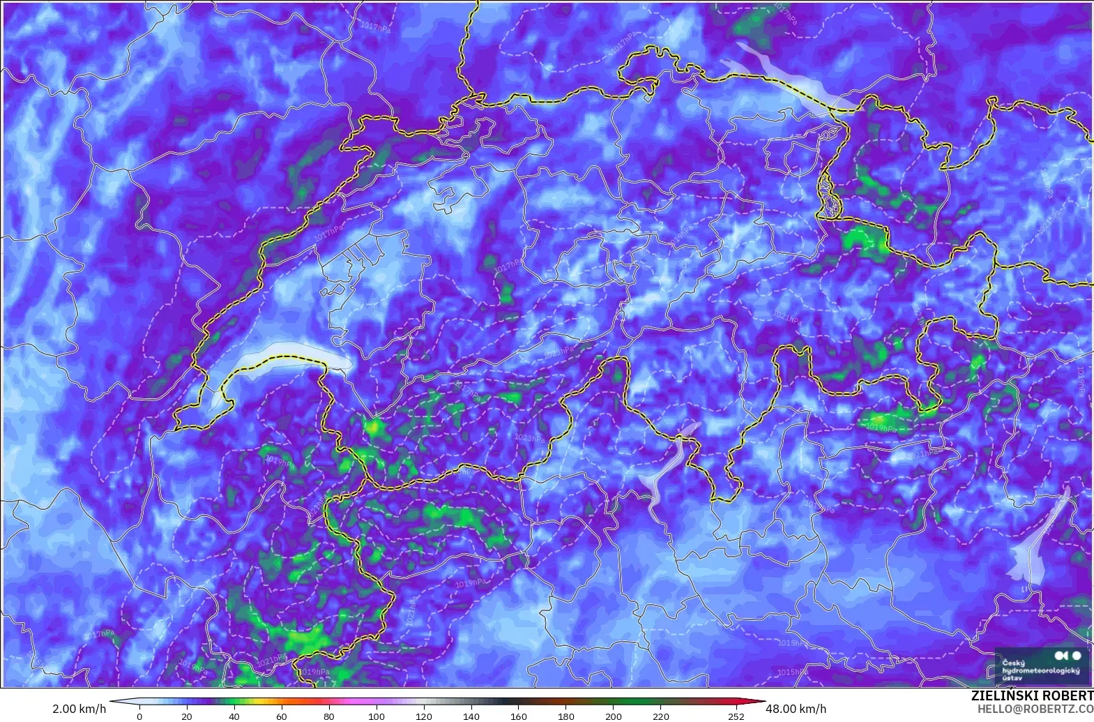 ALADIN CZ 2.3 km modelo - Suiza, Ráfagas de Viento Máximas