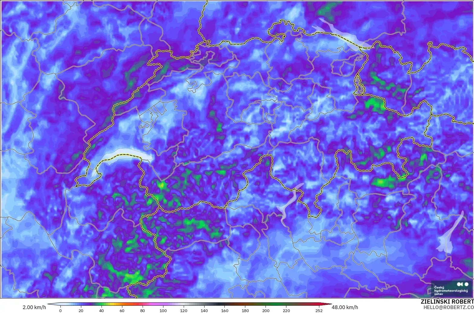 ALADIN CZ 2.3 km modelo - Suiza, Ráfagas de viento