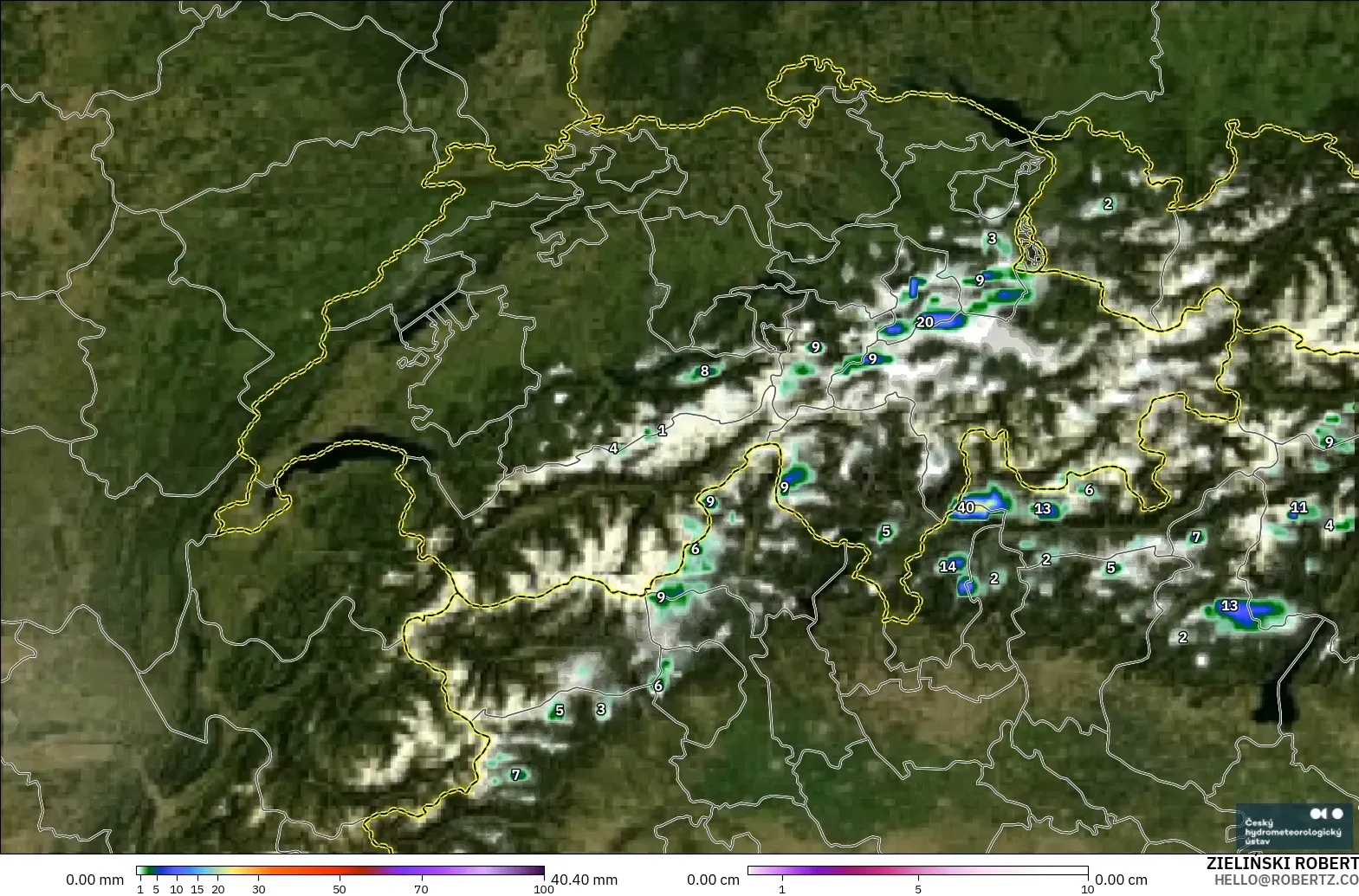ALADIN CZ 2.3 km modelo - Suiza, Precipitación, nubes y presión