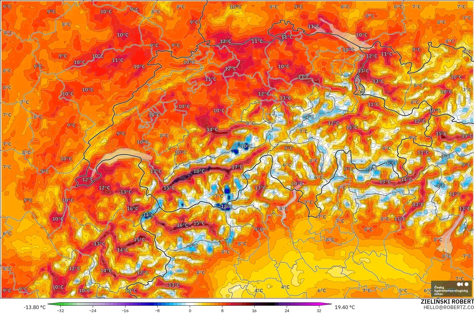 ALADIN CZ 2.3 km modelo - Suiza, Anomalía de temperatura a 2 m