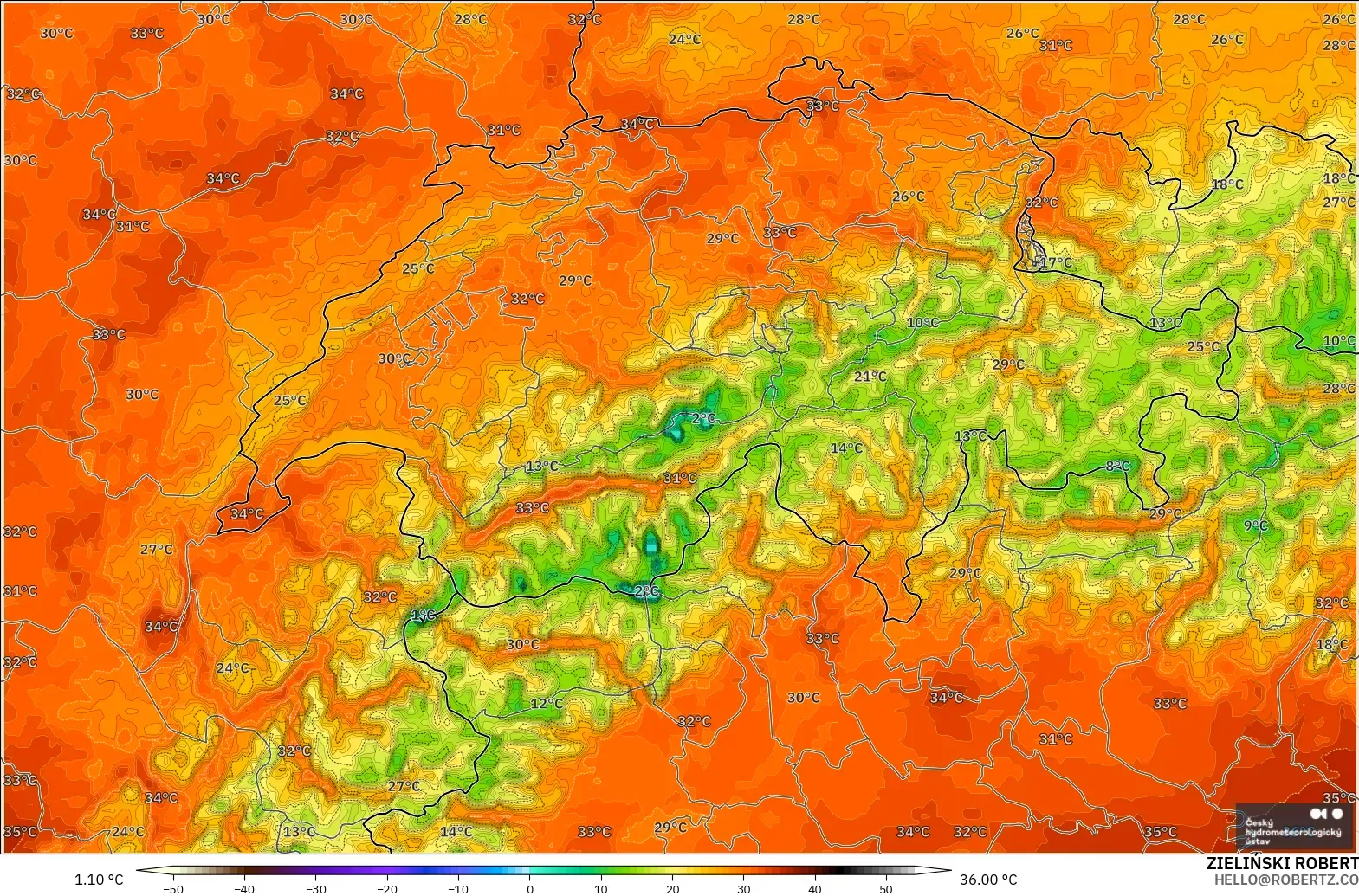 ALADIN CZ 2.3 km modelo - Suiza, Temperatura a 2 m