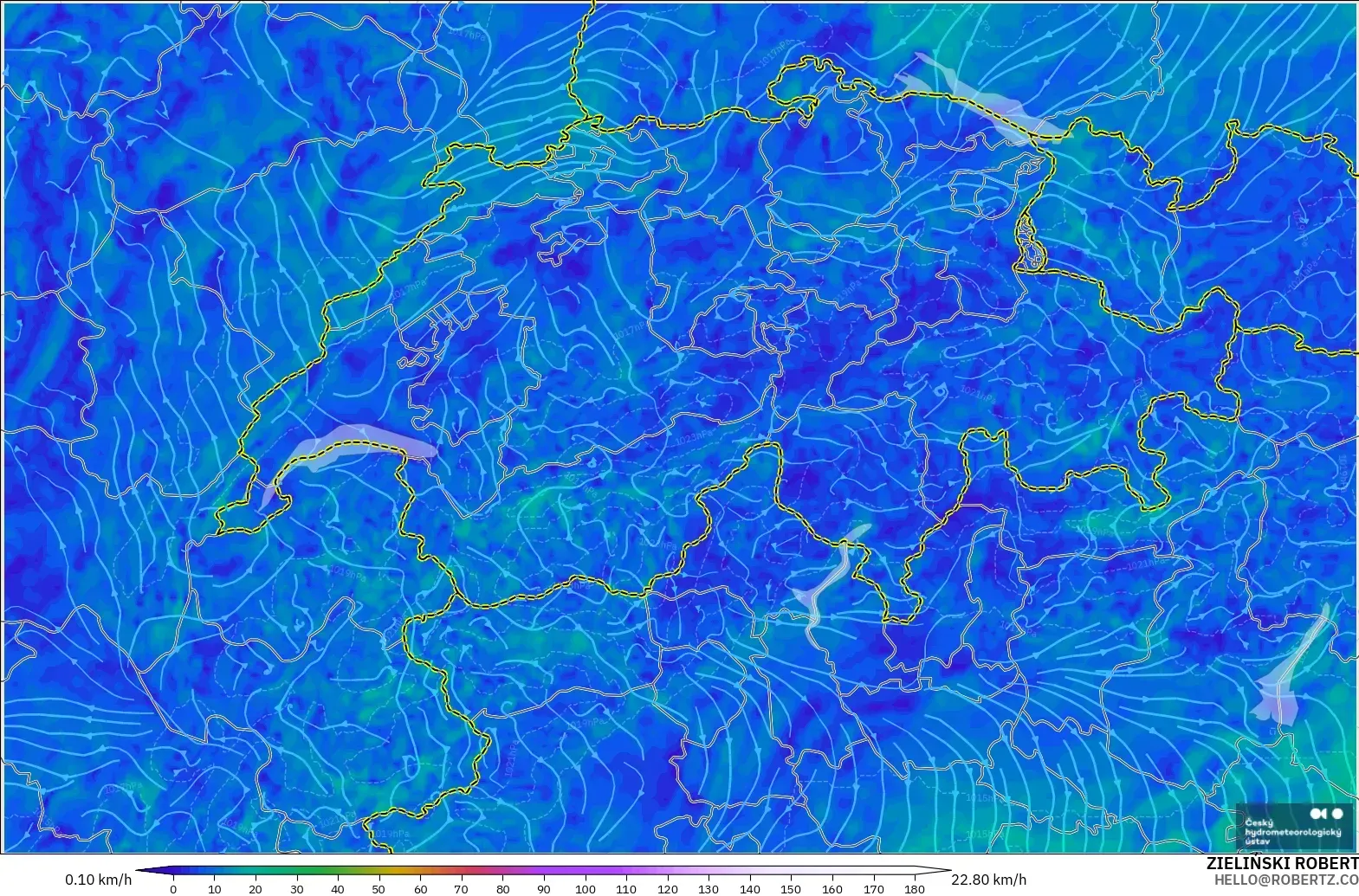 ALADIN CZ 2.3 km modelo - Suiza, Viento a 10 m