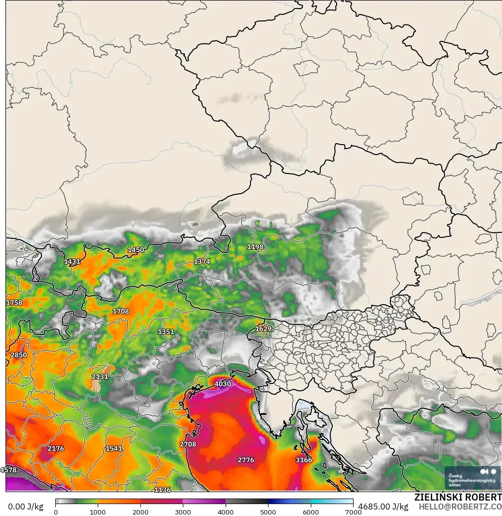 ALADIN CZ 2.3 km modelo - Austria, CAPE