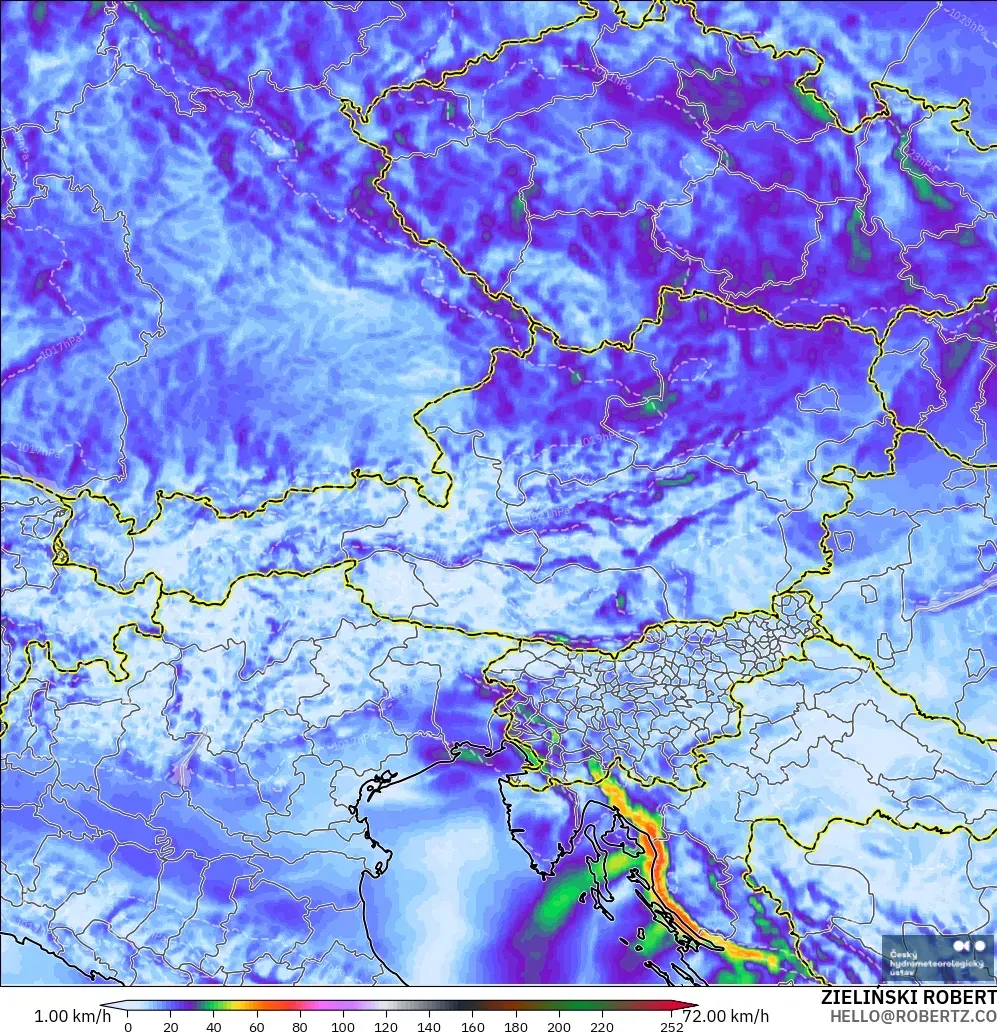 ALADIN CZ 2.3 km modelo - Austria, Ráfagas de Viento Máximas
