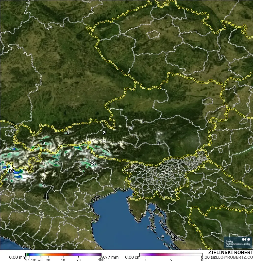 ALADIN CZ 2.3 km modelo - Austria, Precipitación, nubes y presión