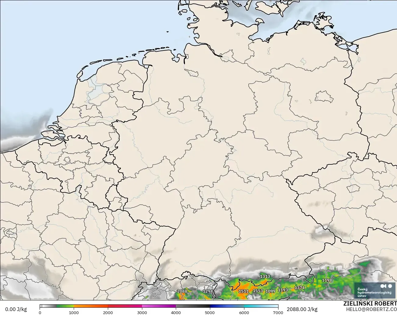 ALADIN CZ 2.3 km modelo - Alemania, CAPE