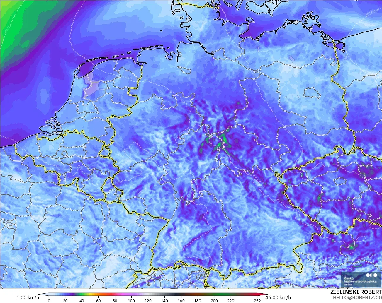 ALADIN CZ 2.3 km modelo - Alemania, Ráfagas de Viento Máximas