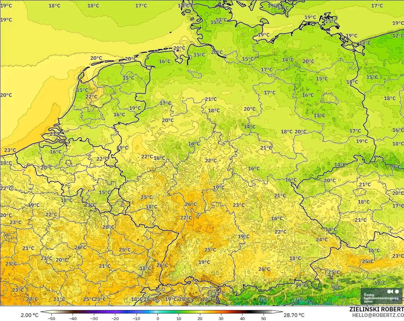 ALADIN CZ 2.3 km modelo - Alemania, Temperatura a 2 m