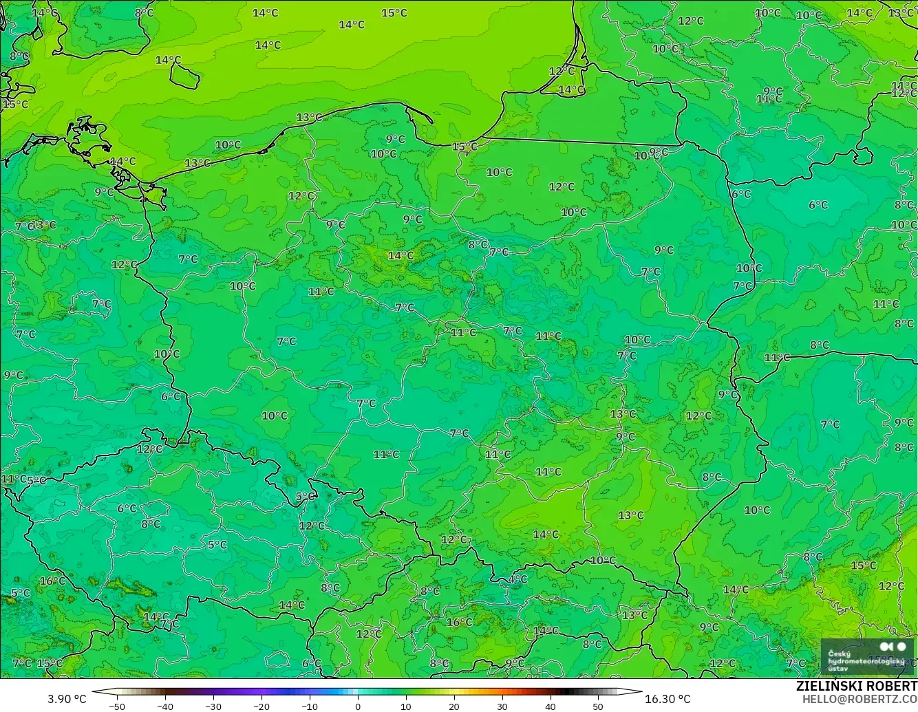 ALADIN CZ 2.3 km modelo - Polonia, Punto de rocío a 2 m