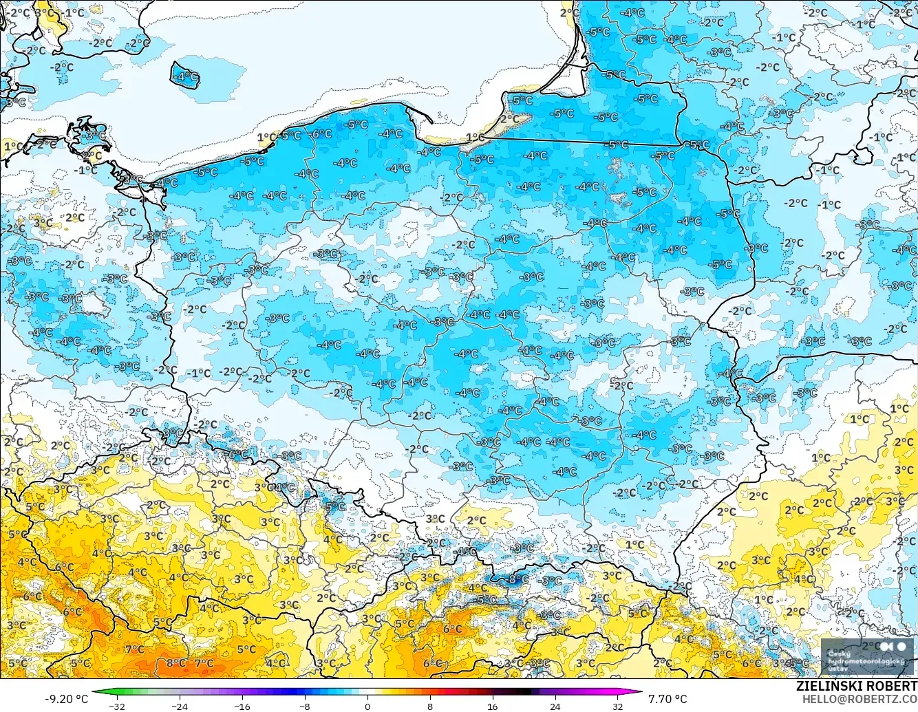 ALADIN CZ 2.3 km modelo - Polonia, Anomalía de temperatura a 2 m