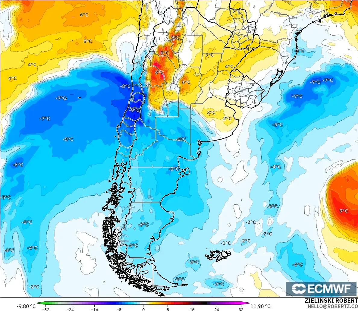 ECMWF IFS 0.25° modelo - Argentina, Anomalía de temperatura a 850 hPa