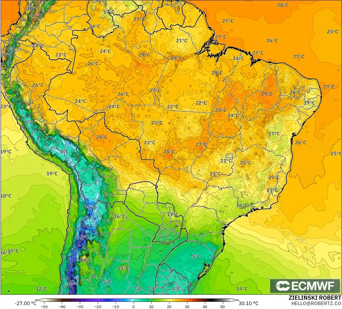 ECMWF IFS 0.25° modelo - Brasil, Temperatura a 2 m