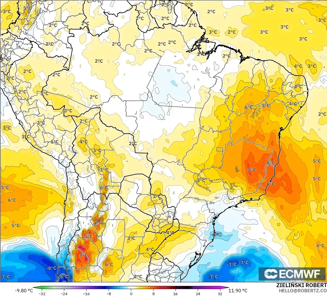 ECMWF IFS 0.25° modelo - Brasil, Anomalía de temperatura a 850 hPa