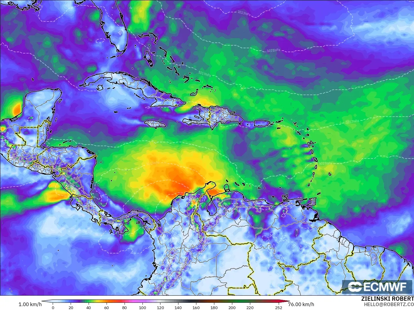 ECMWF IFS 0.25° modelo - Caribe, Ráfagas de viento