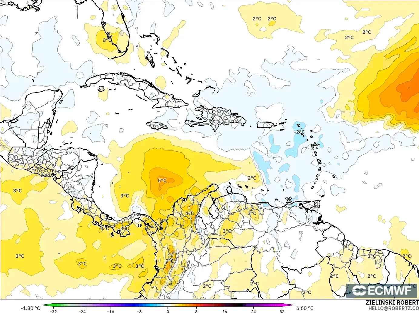 ECMWF IFS 0.25° modelo - Caribe, Anomalía de temperatura a 850 hPa