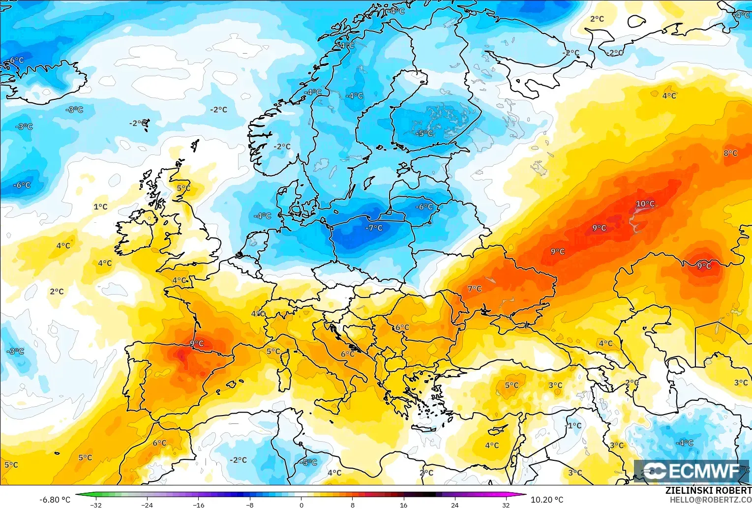 ECMWF IFS 0.25° modelo - Europa, Anomalía de temperatura a 850 hPa