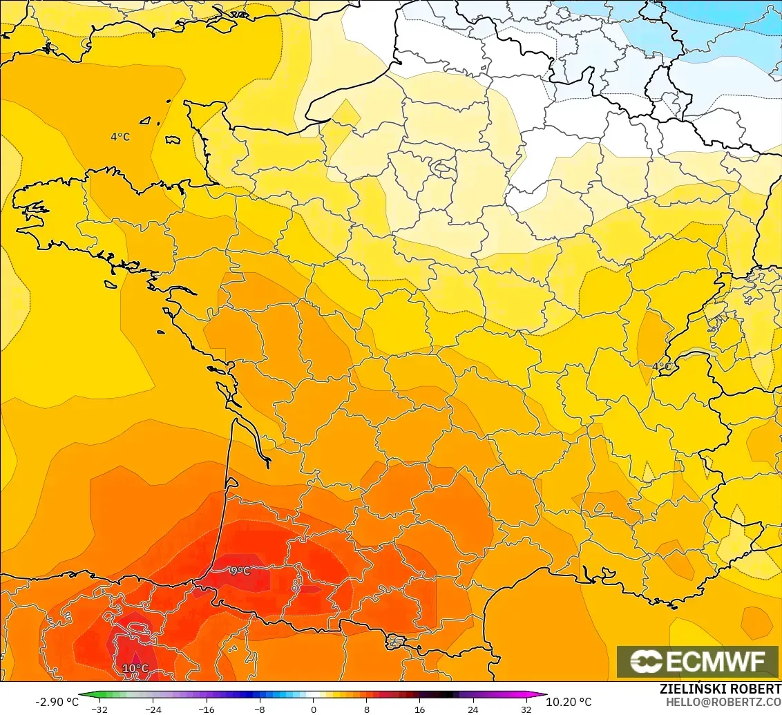ECMWF IFS 0.25° modelo - Francia, Anomalía de temperatura a 850 hPa