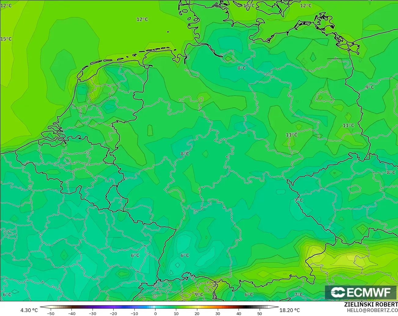 ECMWF IFS 0.25° modelo - Alemania, Punto de rocío a 2 m