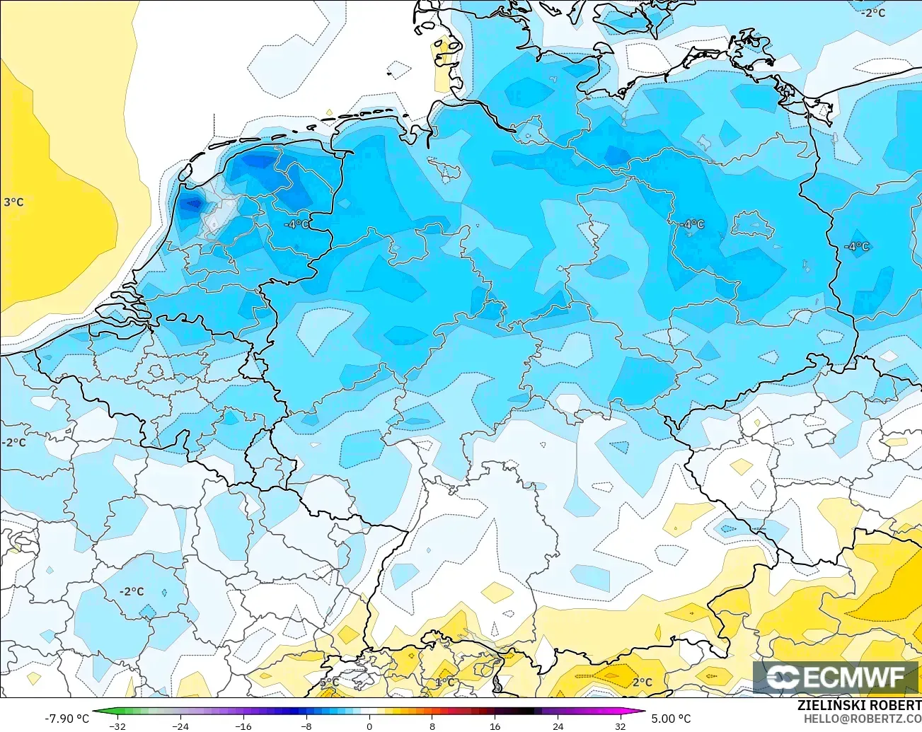 ECMWF IFS 0.25° modelo - Alemania, Anomalía de temperatura a 2 m