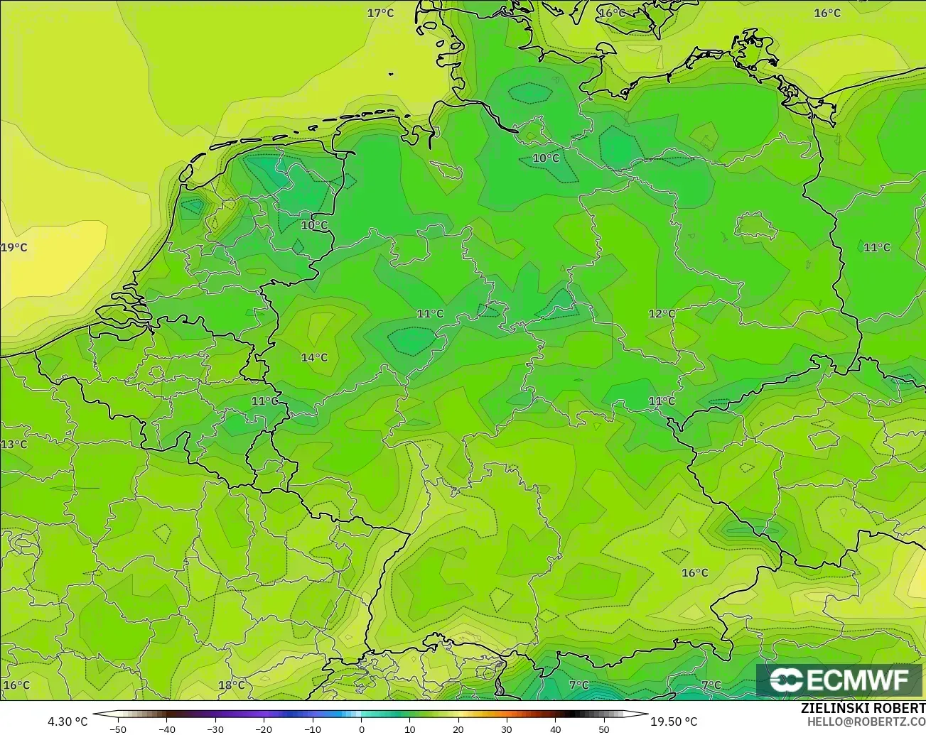 ECMWF IFS 0.25° modelo - Alemania, Temperatura a 2 m
