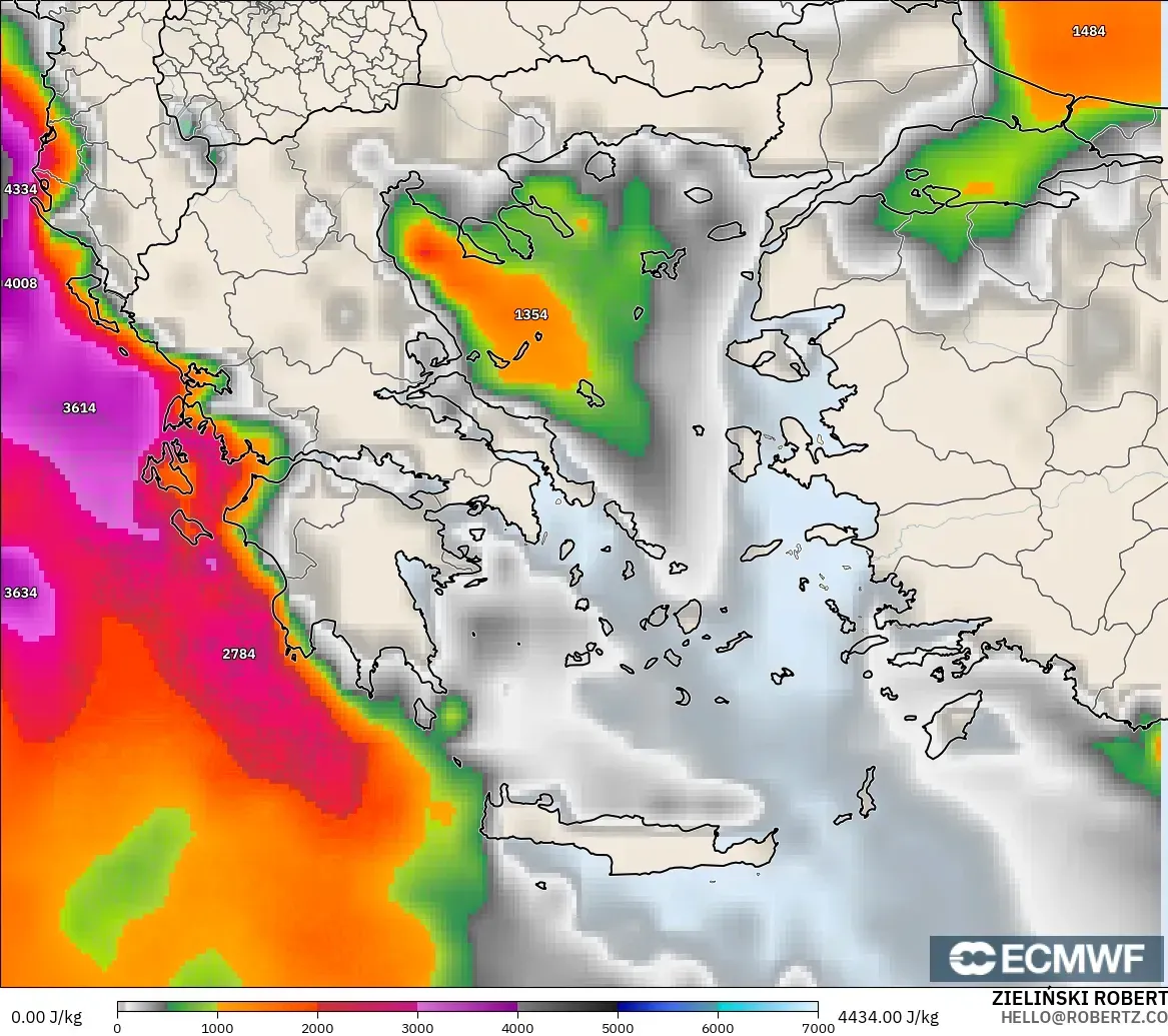 ECMWF IFS 0.25° modelo - Grecia, CAPE