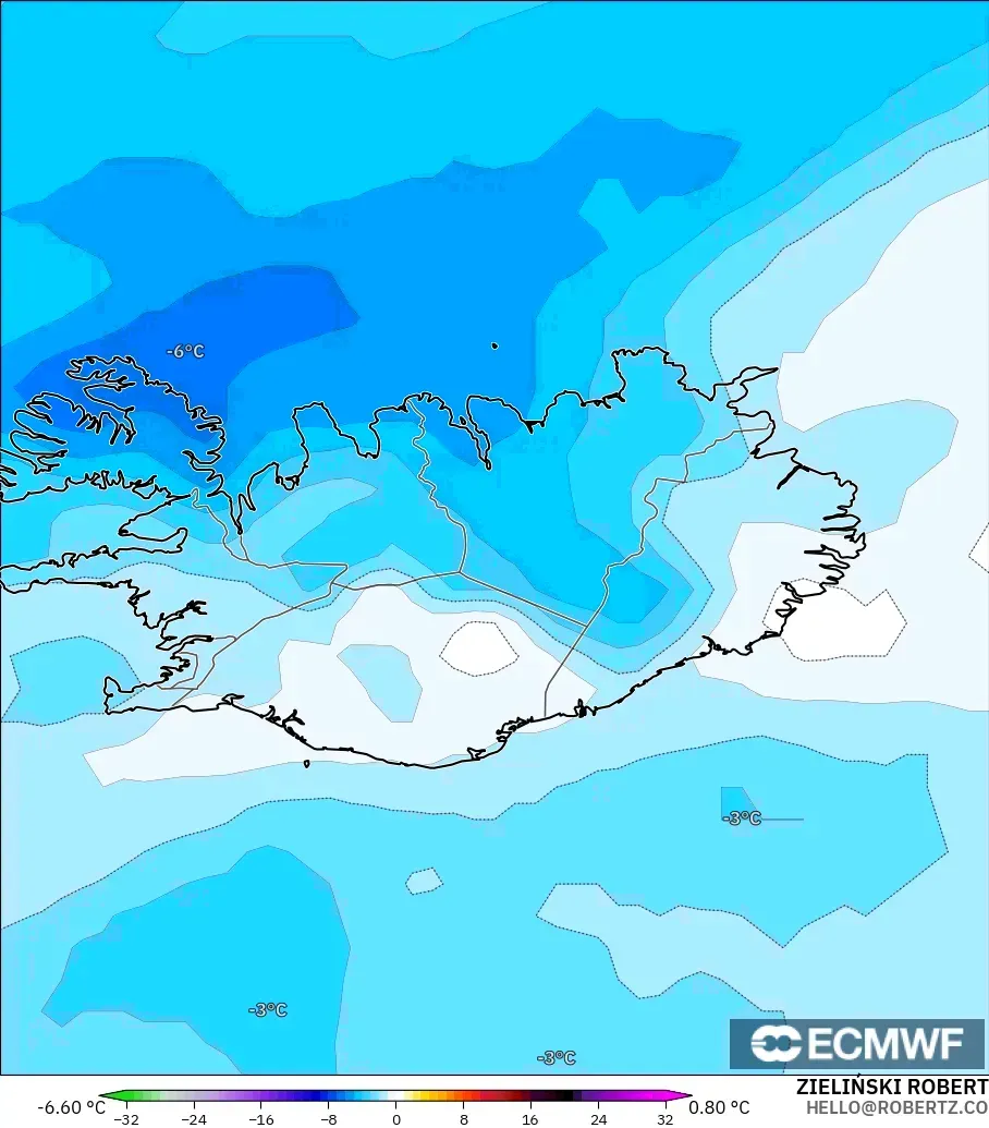 ECMWF IFS 0.25° modelo - Islandia, Anomalía de temperatura a 850 hPa