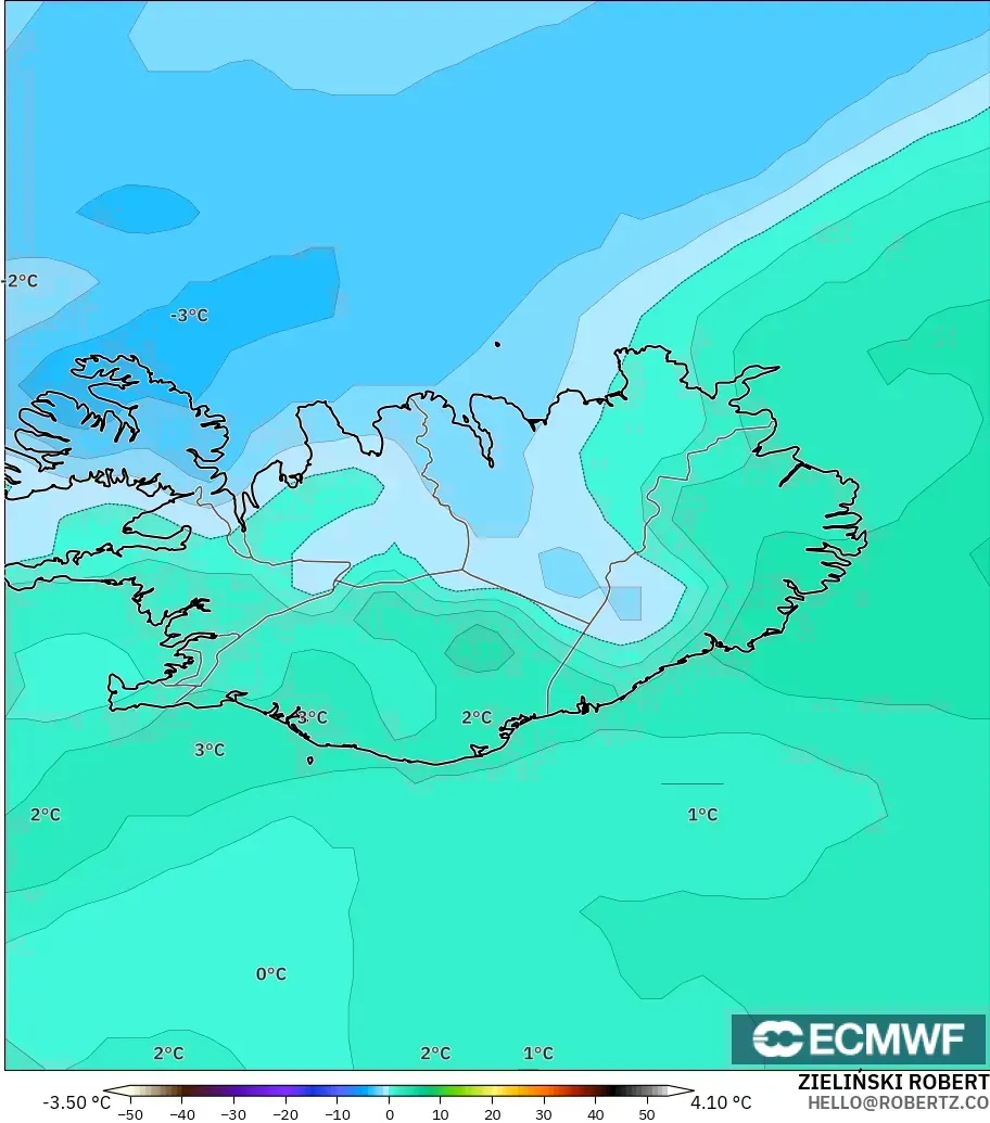 ECMWF IFS 0.25° modelo - Islandia, Temperatura a 850 hPa