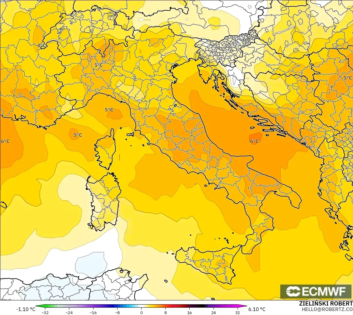 ECMWF IFS 0.25° modelo - Italia, Anomalía de temperatura a 850 hPa