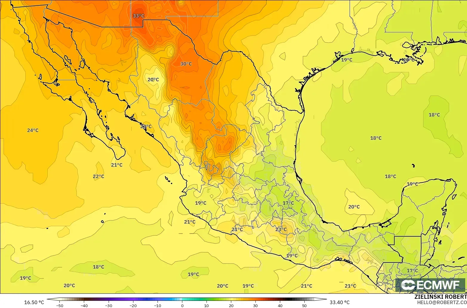 ECMWF IFS 0.25° modelo - México, Temperatura a 850 hPa