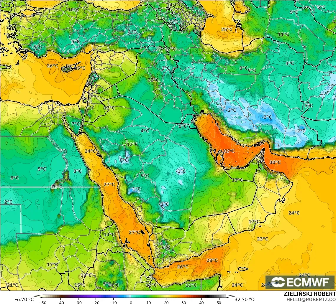 ECMWF IFS 0.25° modelo - Oriente Medio, Punto de rocío a 2 m