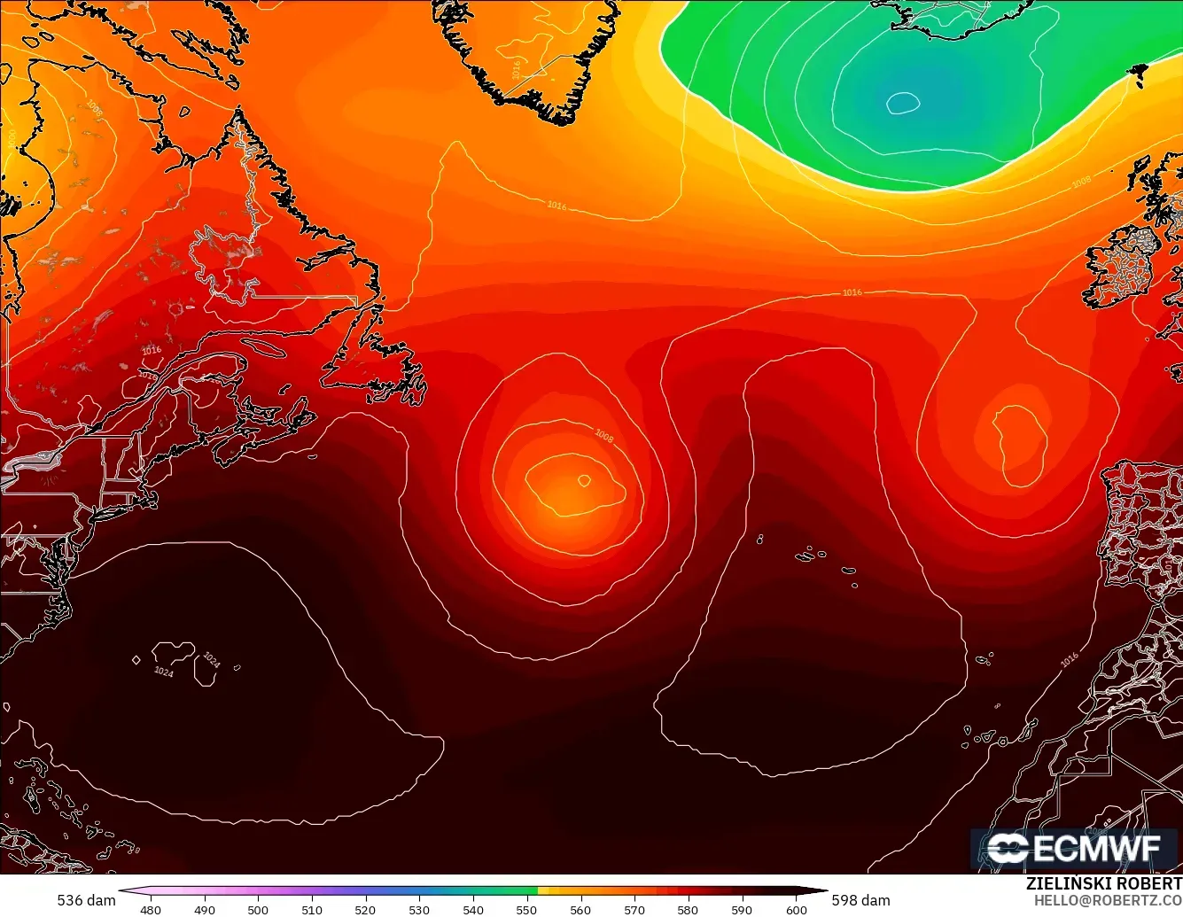 ECMWF IFS 0.25° modelo - Norte Atlántico, Altura geopotencial a 500 hPa