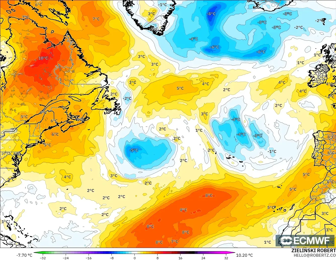 ECMWF IFS 0.25° modelo - Norte Atlántico, Anomalía de temperatura a 850 hPa